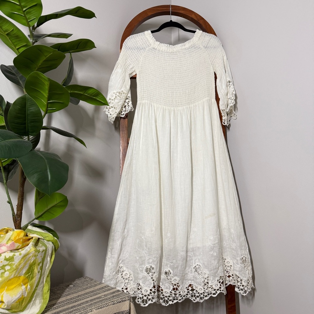 Soft Surroundings MEDIUM PETITE White Linen Smocked Midi Dress Battenberg Lace - Picture 4 of 12